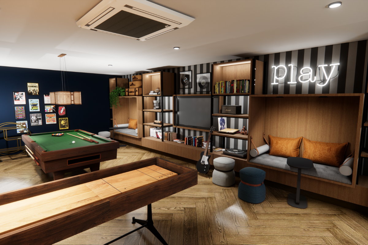 Aufenthaltsraum mit Billard und Sitzecke